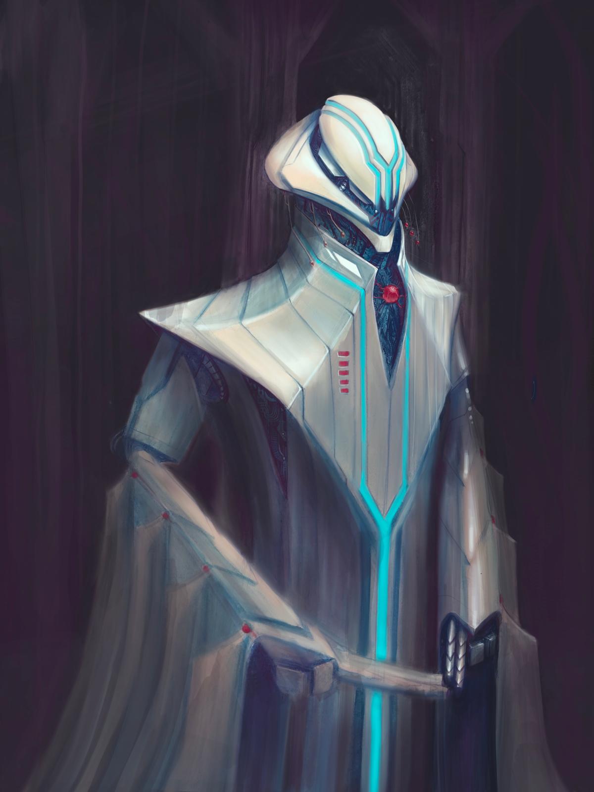 Hand-painted sketch of the driver Yol, white robes with a glowing blue seam